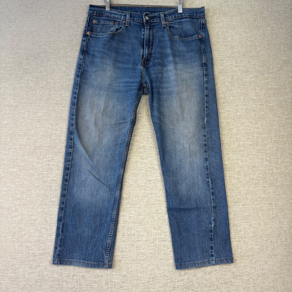 Levis 505 Mens 36x32 Jeans Medium Blue Washed Denim High Waist Honeycombing Fade